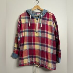 Vintage Plaid Half-Zip Hoodie with Drawstring Hood - Red Multi